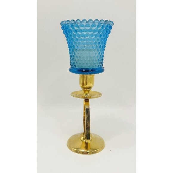 Vintage Sky Blue Hobnail Votive Candle Holder Bell Candlestick 7.5” Peg Glass - Picture 4 of 9